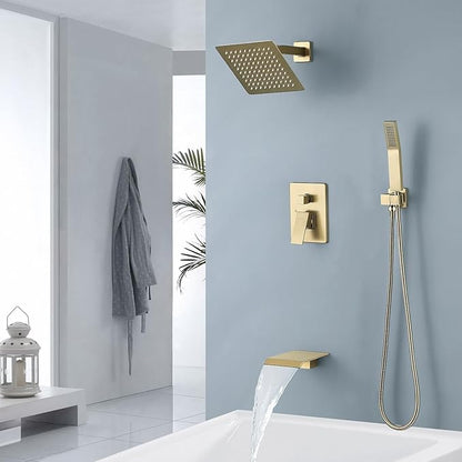 JOYWELL Bathroom Shower Faucets sets Complete Brushed Gold Bath tub Shower Faucet set with 8" Shower Head/Handheld Shower and Tub Faucet Combo