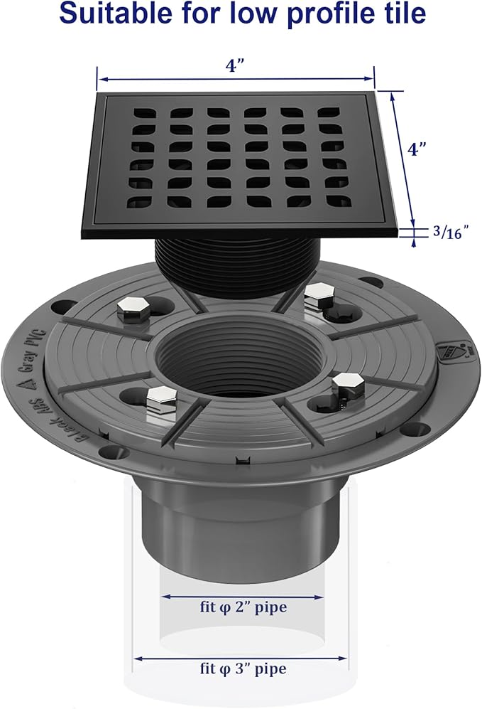 Neodrain Square Shower Drain,4 inch Black Stainless Steel 304 Grate and PVC Drain Body, Grate with Kit Includes Hair Trap/Strainer,Lifting Hook and PVC Drain Base