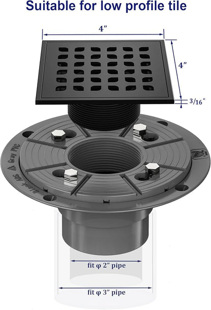 Neodrain Square Shower Drain,4 inch Black Stainless Steel 304 Grate and PVC Drain Body, Grate with Kit Includes Hair Trap/Strainer,Lifting Hook and PVC Drain Base