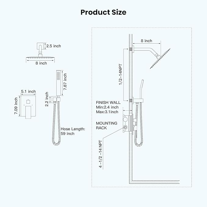gotonovo Rainfall Bathroom Shower System Rain Shower Head and Handle Set Wall Mounted Shower Complete Combo Solid Brass Pressure Balancing Shower Mixer Valve 8 Inch Oil Rubbed Bronze