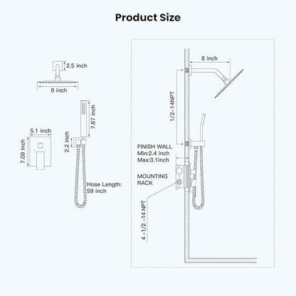 gotonovo Rainfall Bathroom Shower System Rain Shower Head and Handle Set Wall Mounted Shower Complete Combo Solid Brass Pressure Balancing Shower Mixer Valve 8 Inch Oil Rubbed Bronze