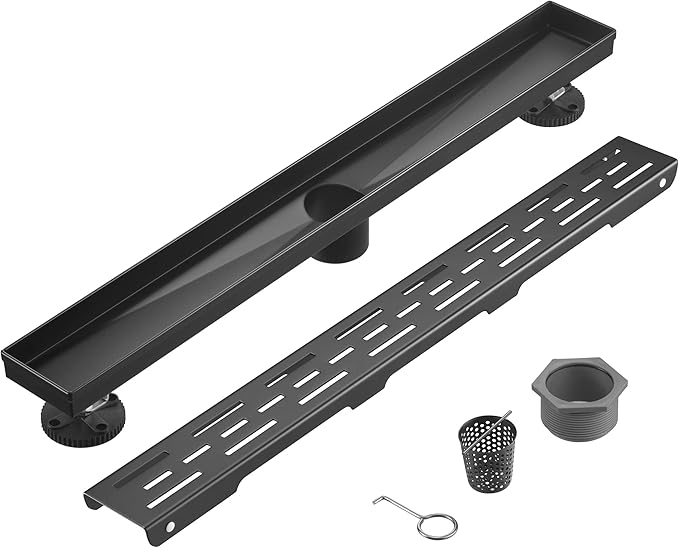 HEATGENE 36-Inch Linear Shower Drain in Matte Black - Stainless Steel Rectangular Shower Floor Drain - Removable Decorative Cover - Adjustable Leveling Feet - CUPC Certified