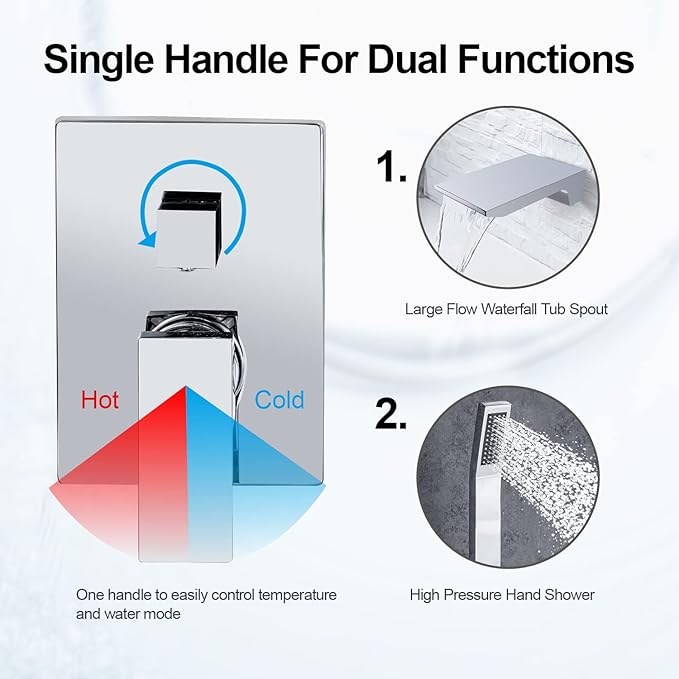 Wall Mount Waterfall Tub Faucet Single Handle Bathroom Bathtub Faucet Waterfall Roman Tub Filler Faucet Wall Mount Bathtub Faucets with Hand Shower, Chrome