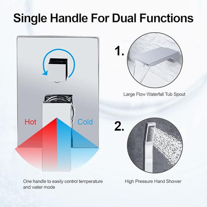 Wall Mount Waterfall Tub Faucet Single Handle Bathroom Bathtub Faucet Waterfall Roman Tub Filler Faucet Wall Mount Bathtub Faucets with Hand Shower, Chrome
