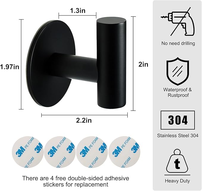 Self Adhesive Towel Hook Matte Black Coat Hook Brushed Nickel SUS304 Stainless Steel Heavy Duty Waterproof Towel Robe Clothes Hook Holder for Bathroom Kitchen Office Hotel Pool Wall Mounted Hook-4Pack