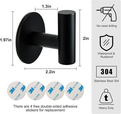 Self Adhesive Towel Hook Matte Black Coat Hook Brushed Nickel SUS304 Stainless Steel Heavy Duty Waterproof Towel Robe Clothes Hook Holder for Bathroom Kitchen Office Hotel Pool Wall Mounted Hook-4Pack