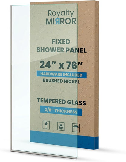 Royalty Fixed Shower Screen - 24" x 76" Frameless 3/8" Clear Tempered Glass Panel with Hardware - Easy Clean Smart Guard Coating - Minimalist Modern Design for Bathroom - Brushed Nickel