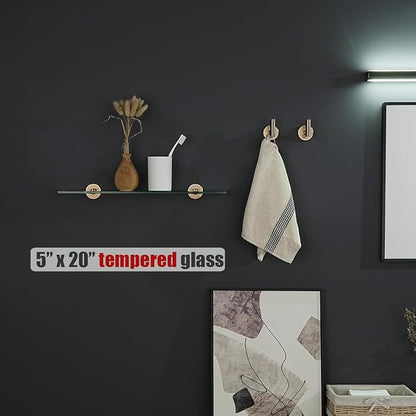 JQK Bathroom Glass Shelf, Tempered Glass Shower Storage 20 by 5 inches, 304 Stainless Steel Champagne Bronze Wall Mount, 2 Pack, TGS101L20-CB-P2