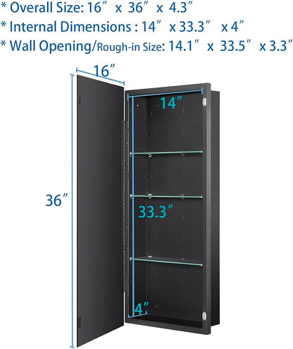 Black Bathroom Medicine Cabinet with Beveled Edge Mirrored Door 16 x 36 inch, Recessed or Surface Mount, with Adjustable Glass Shelves