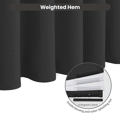 Inhousolu No Hook Waffle Weave Shower Curtain with Removable Snap in Fabric Liner Set for Bathroom, 230 GSM Heavy Duty Weighted Hem, Water Repellent Washable Bath Curtains, 72 x 78 Inch, Black