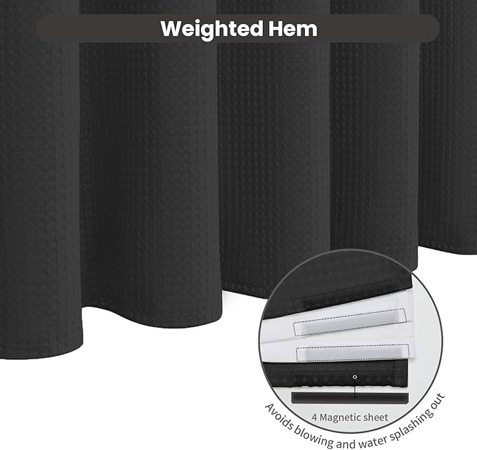 Inhousolu No Hook Waffle Weave Shower Curtain with Removable Snap in Fabric Liner Set for Bathroom, 230 GSM Heavy Duty Weighted Hem, Water Repellent Washable Bath Curtains, 72 x 72 Inch, Black