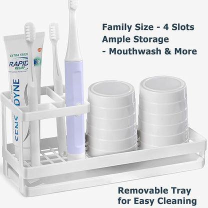 MYITYARD Toothbrush Holders for Bathrooms, 4 Slots Rustproof Metal Tooth Brushing Organizer with Drainage, Electric Tooth Brush Toothpaste Holder for Bathroom Countertop, White
