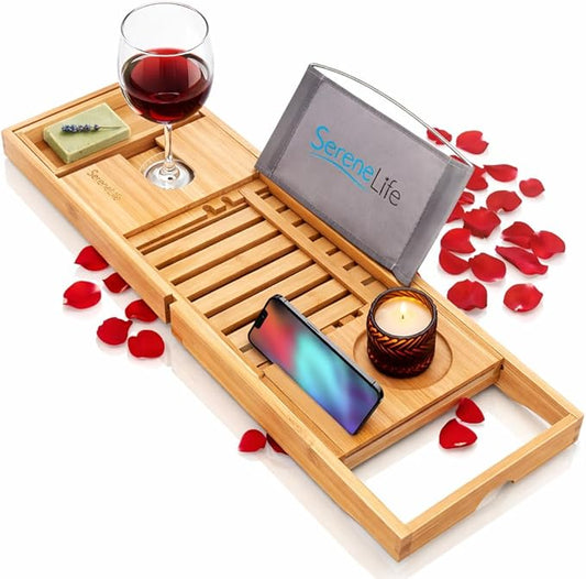 SereneLife Luxury Bamboo Bathtub Caddy Tray - Adjustable Natural Wood Bath Tub Organizer with Wine Holder, Cup Placement, Soap Dish, Book Space & Phone Slot for Spa, Bathroom & Shower SLBCAD20