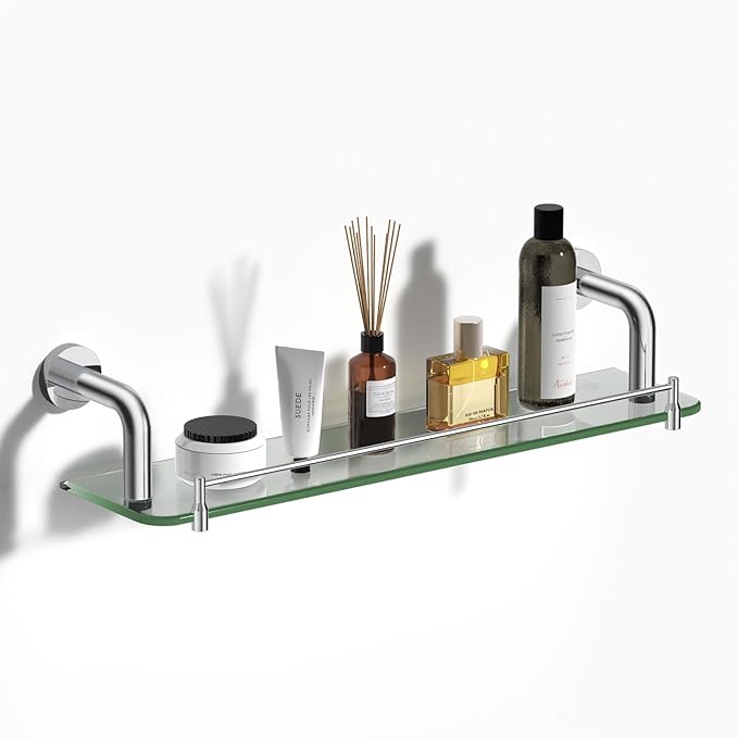 Floating Glass Shelves for Bathroom with Towel Bar Chrome Bending Style, 20 Inch Tempered Glass Shelf for Wall Shelf Sink Over Toilet