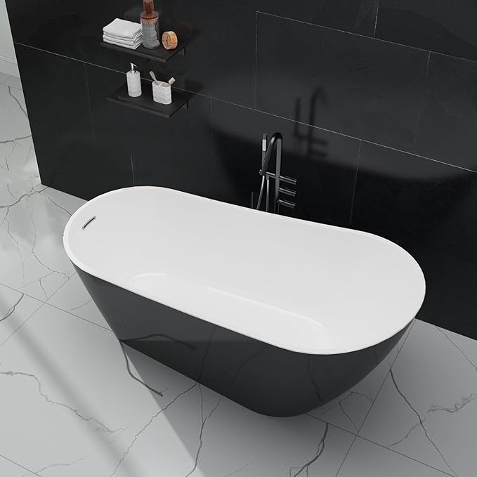Freestanding Bathtubs 59 inch Acrylic Free Standing Tub Modern Soaking Tub with Chrome Drain and Overflow for Stylish Bathroom or Spa,Black and White