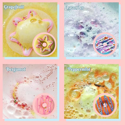 KAV Donut Bath Bombs Gift Set – 4 Piece Handmade Organic Bath Bomb Kit with Essential Oils – Relaxation Spa Gift for Women, Men, Teens, Kids – Self Care & Aromatherapy Soak