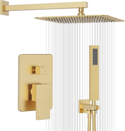 Gabrylly Gold Shower System, High-Pressure 10" Stainless Steel Rain Showerhead with handheld Spray Combo, Rainfall Shower Faucet Set Complete, 2 Way Valve Included, Brushed Gold
