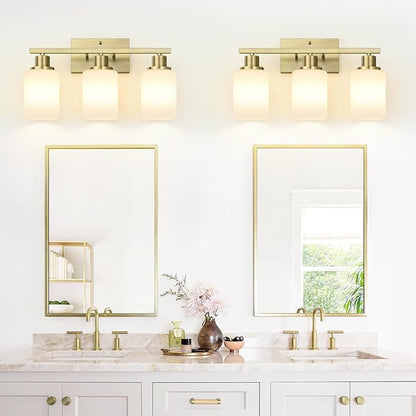 3-Light Bathroom Light Fixtures, Aged Brass Vanity Light with Milky White Shades, Bathroom Lighting Fixtures Over Mirror, Modern Bathroom Wall Lamp for Mirror Living Room Cabinet Bedroom