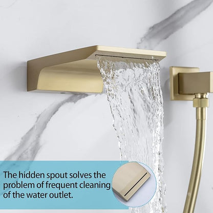 Wall Mount Roman Tub Filler Faucet Single Handle Bathroom Bathtub Faucet with Hand Sprayer Waterfall Tub Faucet with Hand Shower, Brushed Gold