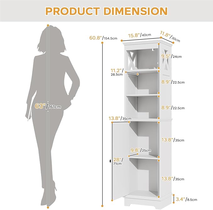 Narrow Bathroom Storage Cabinet with Door and Open Adjustable Shelves, 60.9" H Wooden Tall Tower Corner Farmhouse Cabinet, Freestanding Organizer for Kitchen, Entryway White