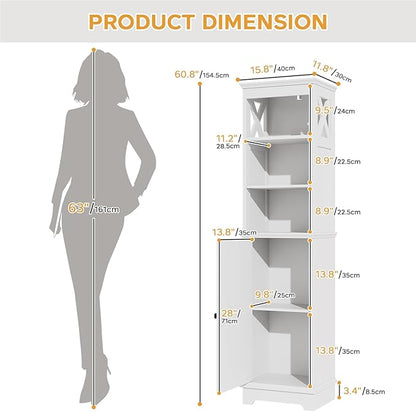 Narrow Bathroom Storage Cabinet with Door and Open Adjustable Shelves, 60.9" H Wooden Tall Tower Corner Farmhouse Cabinet, Freestanding Organizer for Kitchen, Entryway White
