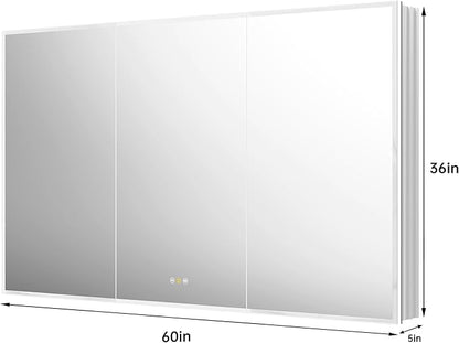 Recessed Medicine Cabinets for Bathroom with Mirror, Only Recessed Medicine Cabinet with Defogger, Dimmer, Outlets & USB, Three Doors