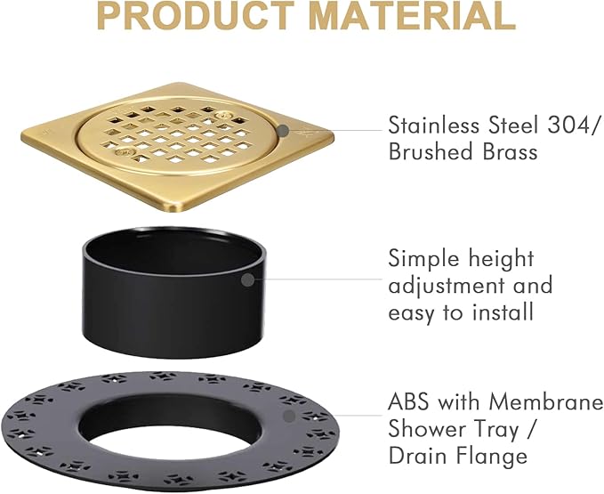 4” Shower Floor Drain Grate Kit Brushed Brass - Compatible with Schluter Kerdi-Drain Flange - with Adjustable Collar & Removable Square Cover, SUS304 Stainless Steel & CUPC Certification