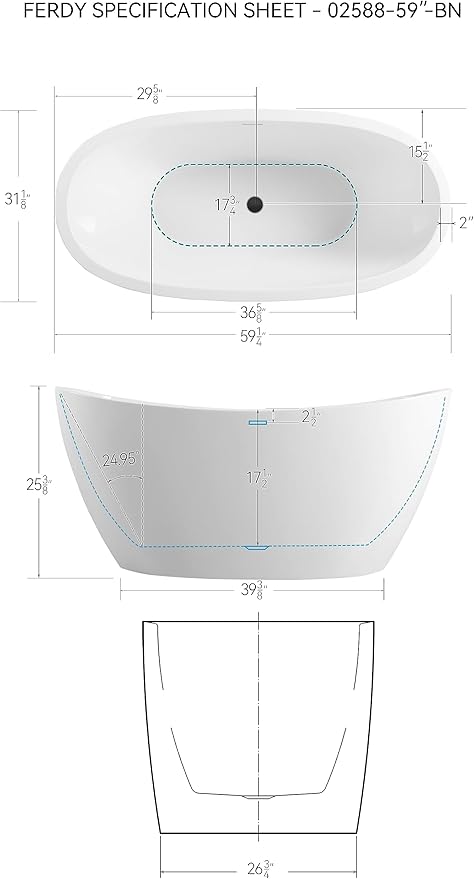 FerdY Naha 59" Acrylic Freestanding Bathtub, Curve Edge Freestanding Soaking Bathtub, Glossy White, cUPC Certified, Matte Black Drain & Matte Black Overflow Included