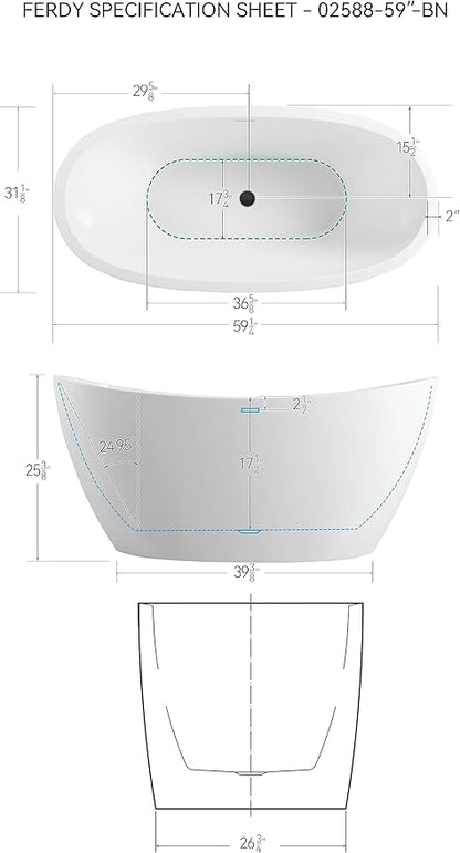 FerdY Naha 59" Acrylic Freestanding Bathtub, Curve Edge Freestanding Soaking Bathtub, Glossy White, cUPC Certified, Matte Black Drain & Matte Black Overflow Included
