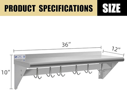 Hally Stainless Steel Shelf with 6 Hooks 12" x 36" Wall Mounted Pot Rack, NSF Commercial Floating Shelving for Storage Hanging Pots, Pans, cookware in Restaurant, Kitchen, Home and Hotel