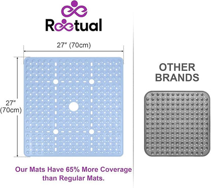 Reetual XL Shower Mat Non Slip - 27x27 Bath Mat for Shower Stall or Large Bathtub Mat with 240 Powerful Suction Cups and Drain Holes. Black Shower Mats for Bathroom (Blue Aqua)