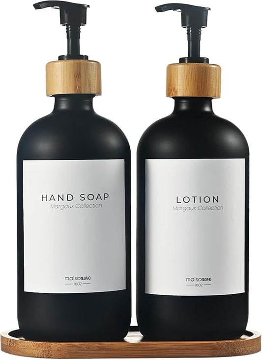 Maisonovo Glass Soap Dispenser Bathroom Set | Hand Soap and Dish Soap Dispenser Set | 16.9oz Amber Bottles with Black Bamboo Pump | Bathroom Lotion Dispenser Set of 2