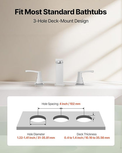 VEVOR Roman Tub Faucet, 3 Hole Waterfall Bathtub Faucet, Bath Tubs Faucets Set with 2 Handles, Roman Tub Faucets Deck Mount for Pet Washing, Baby Care, Adult Bathing, Silver, Right-Angle Tub Faucet
