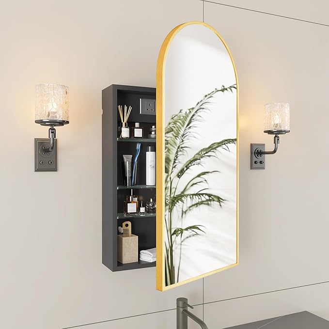 FKWin Bathroom Mirror with Storage and Power Outlet, Easy to Install Medicine Cabinet for Left or Right Opening, not Recessed, Ample Vanity Mirror with Storage for Homeowner, Gold, 20x34 inch