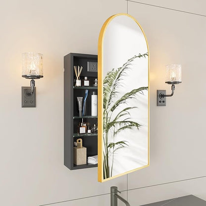 FKWin Bathroom Mirror with Storage and Power Outlet, Easy to Install Medicine Cabinet for Left or Right Opening, not Recessed, Ample Vanity Mirror with Storage for Homeowner, Gold, 20x34 inch