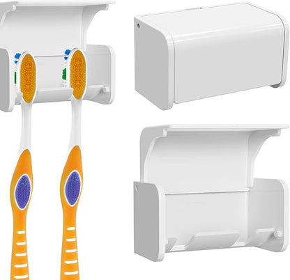 2 Pcs Toothbrush Holder Wall Mounted with Cover for Bathroom, 2 Slots Toothbrush Storage Organizer for Shower, Self Adhesive Toothbrush Hanger Rack for Dorm, Cabinet