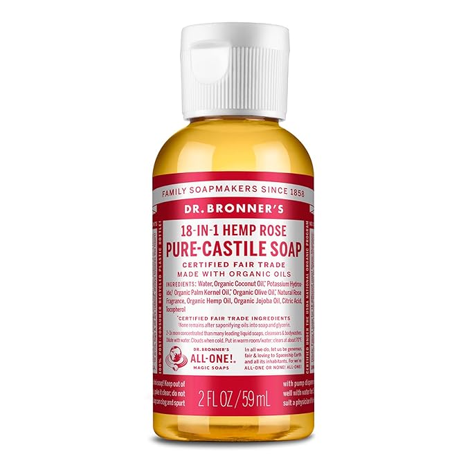 Dr. Bronner's - Pure-Castile Liquid Soap (Rose, 2 ounce) - Made with Organic Oils, 18-in-1 Uses: Face, Body, Hair, Laundry, Pets and Dishes, Concentrated, Vegan, Non-GMO