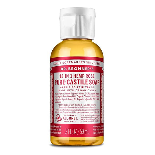 Dr. Bronner's - Pure-Castile Liquid Soap (Rose, 2 ounce) - Made with Organic Oils, 18-in-1 Uses: Face, Body, Hair, Laundry, Pets and Dishes, Concentrated, Vegan, Non-GMO