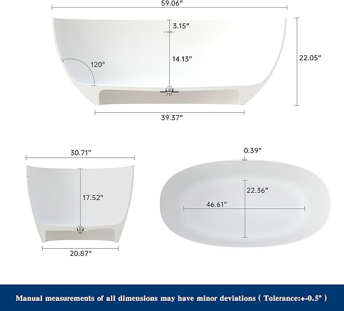 59'' Stone Resin Freestanding Bathtub, Bathroom Solid Surface Tub Bathtubs soaker Tubs Oval Shaped Matte Luxury Modern Soaking Tub with Overflow and Pop-up Drain - White
