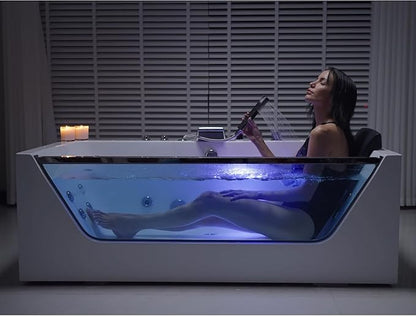 Empava 59" Acrylic Alcove Whirlpool Bathtub - 11 Jets Hydromassage with Chromatherapy, 750W, 58 Gallons, 3-Side Apron, Waterfall Faucet & ETL Certified