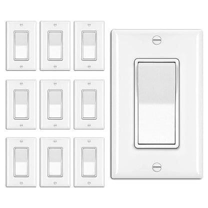 BESTTEN 10 Pack 3-Way Decorator Wall Light Switch with Wallplate, 15A 120V/277V, Single Pole or Three Way, On/Off Paddle Rocker Interrupter, UL Listed, White