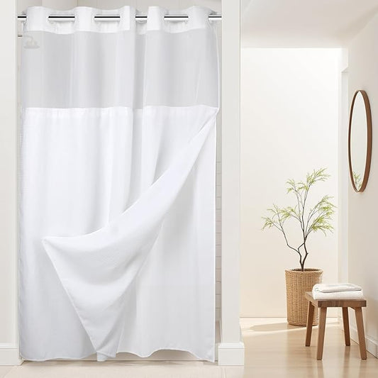 River Dream Heavyweight No Hooks Required Dotted Waffle Weave Shower Curtain with Snap in Liner - 60W x 74L, Hotel Grade, Spa Like Bath Curtain, White