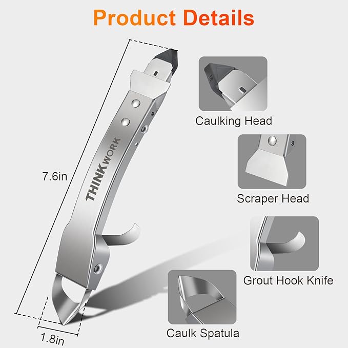 THINKWORK Caulking Tool Kit, 4 in 1 Caulk Remover Tool, Stainless Steel Caulk Tool for Kitchen Bathroom Window Sink Tile Joint, Silver