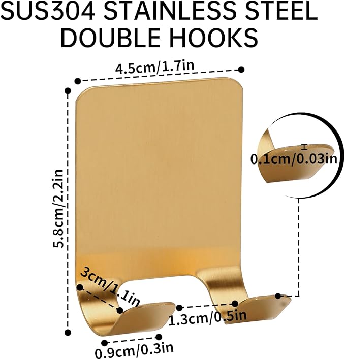 Self Adhesive Hooks Waterproof Razor Holder in Inside Shower 4 Pack, Metal Heavy Duty Utility Storage Hook.Towel. Loofah Holder for Wall.Hanger Hooks for Bathroom or Kitchen Organisation. Gold