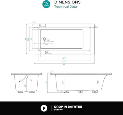 Fine Fixtures Drop In White Soaking Bathtub, Fiberglass Acrylic Material, 60"L x 30"W x 19"H