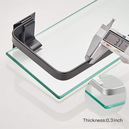 VOLPONE Bathroom Wall Shelf 15.7in Bathroom Glass Shelves Wall Mount Glass Shelf Rustproof Bathroom Wall Organizer 3 Tier (Black)