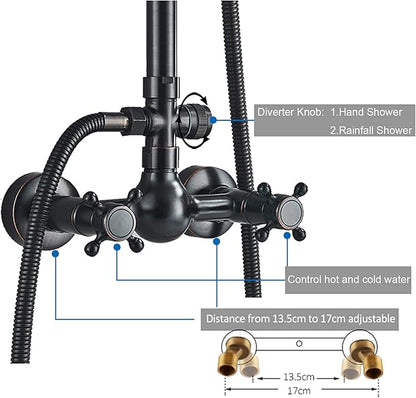 NeierThodore Luxury ORB Bathroom Shower Faucet Dual Handles Wall-Mounted Shower Mixer Taps 8" Rainfall Shower Head Ceramic Handheld Sprayer Oil Rubbed Bronze