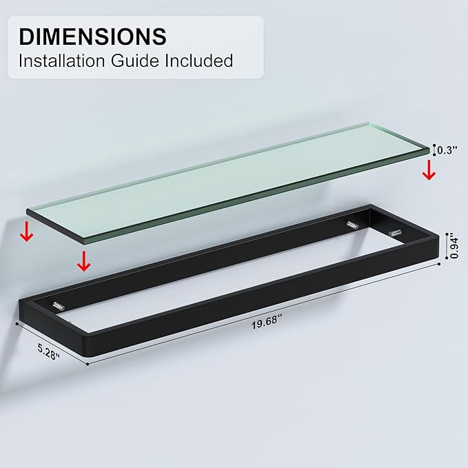Glass Shelves/Shelf with Towel Bar/Rack 20-inch Floating Shelves for Bathroom Tempered Glass Rectangular 1 Tier Organizer Wall Shelf (Matte Black, 20'')