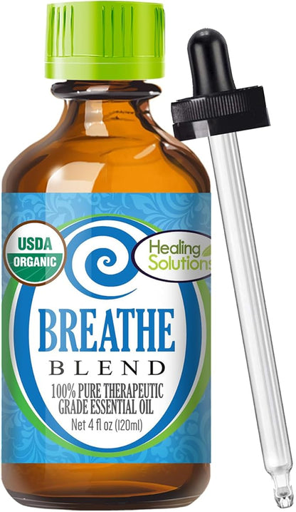 Healing Solutions Breathe Essential Oil Blend - 4 oz (120 ml) Organic, Pure, Undiluted - Breathe Easy Oil for Humidifier, Diffuser, Aromatherapy
