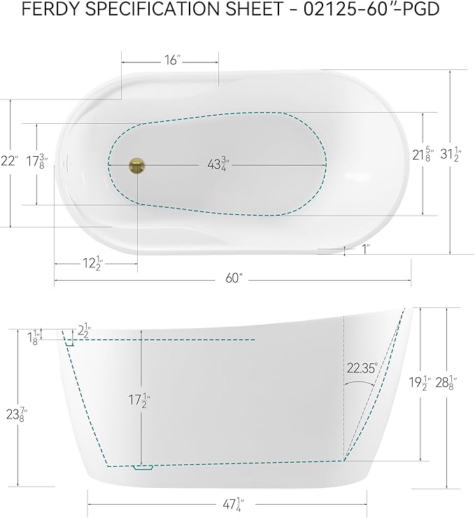 FerdY Lana'i 60" Freestanding Bathtub, Gracefully Shaped Freestanding Soaking tub, cUPC Certified, Polished Gold Drain Assembly Included